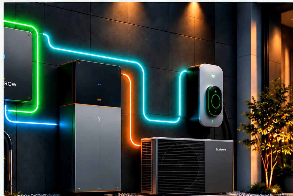 Intelligentes Energiesystem mit Wechselrichter, Speicher, Wärmepumpe und Wallbox